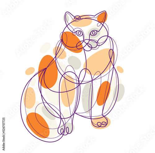 Nice cute cat linear vector illustration, line art drawing of pussycat relaxing, artistic outline minimal sketch of fat and lazy cat.