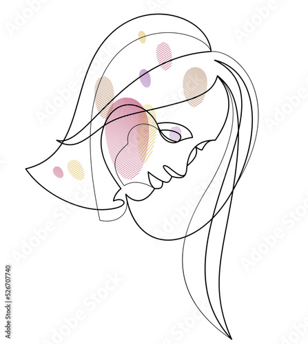 Woman beauty face vector linear illustration, delicate line art of attractive girl portrait, abstract feminine drawing minimal style isolated.