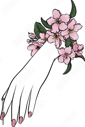 Beautiful vector illustration with pink manicure for decorative design. Background hand drawing. Beauty spa concept. White background.
