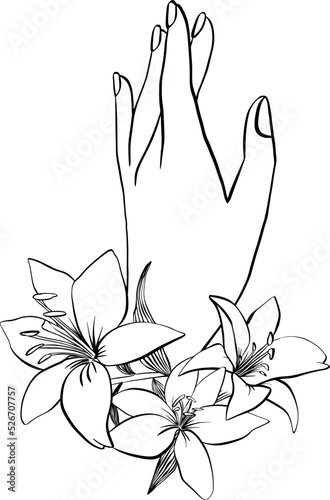 Woman's manicure with flowers vector illustration. Hand drawn line art design. Lillys blossom.