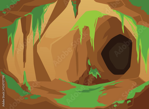 Inside of abandoned cave with moss on the walls, cartoon flat vector illustration isolated on white background.