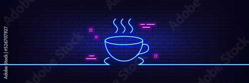 Neon light glow effect. Coffee drink line icon. Hot cup sign. Fresh beverage symbol. 3d line neon glow icon. Brick wall banner. Cappuccino outline. Vector