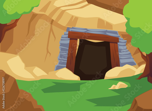 Old abandoned stone cave or mine entrance, cartoon flat vector illustration.