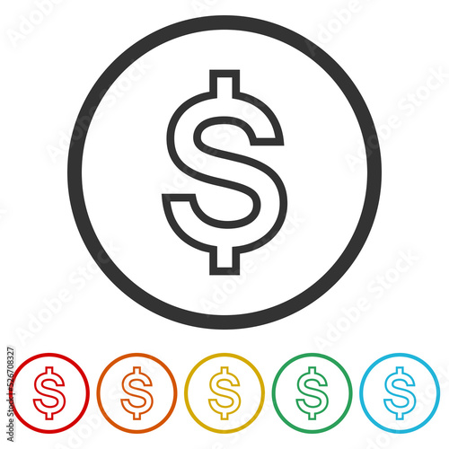 Dollar sign icon isolated on white background. Set icons in color circle buttons © sljubisa