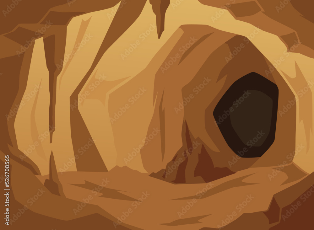 Buffy stone cave with dark brown entrance to tunnel flat style, vector illustration