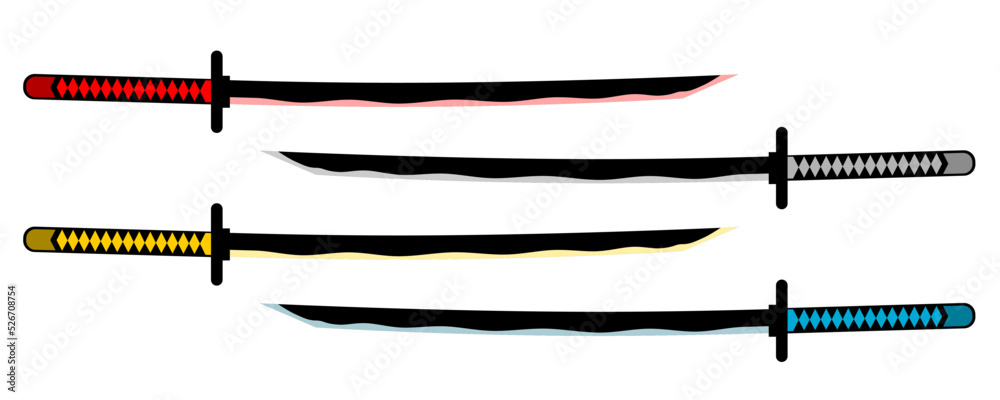 Set katana sword samurai ronin weapon japanese style red gray yellow and blue flat vector icon design.