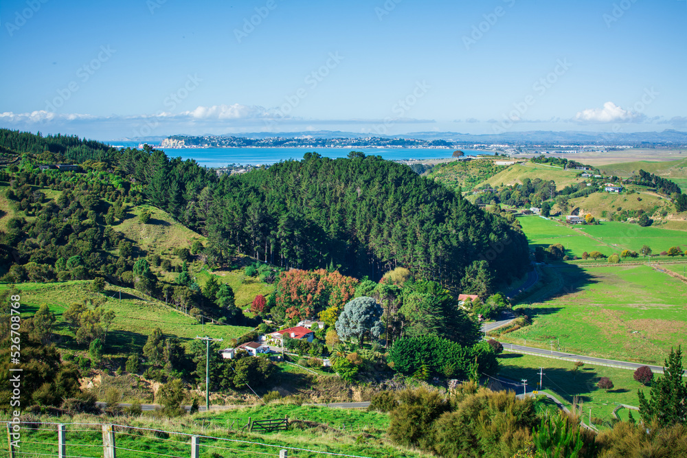 Aerial view over farmhouse amongst lush meadows by green hills. Beautiful autumn day at a seaside region of Hawkes Bay, New Zealand