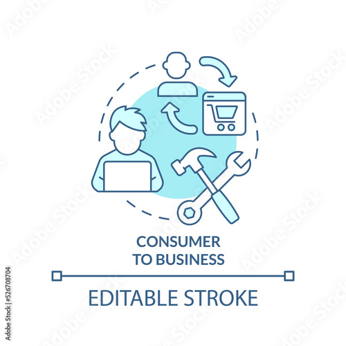 Consumer to business turquoise concept icon. Professional service. C2B model abstract idea thin line illustration. Isolated outline drawing. Editable stroke. Arial, Myriad Pro-Bold fonts used