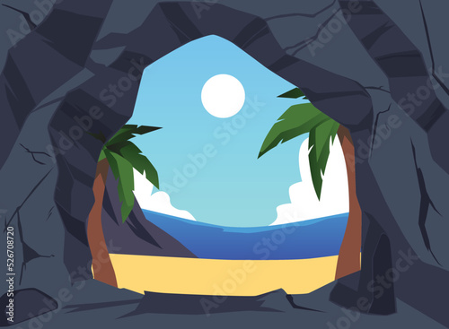 Entrance to stone cave on the tropical beach and sea, flat vector illustration.