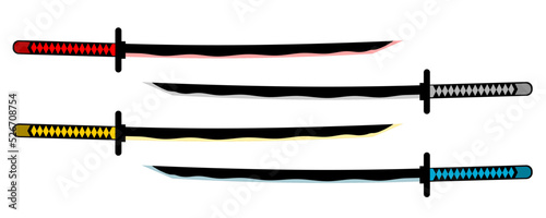 Set katana sword samurai ronin weapon japanese style red gray yellow and blue flat vector icon design.
