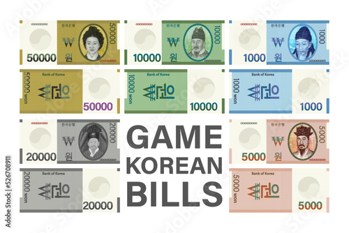 Vector set of gaming South Korean banknotes.  In denominations of one thousand, 5000, 10 000, 20 000 and 50 000 won. The hieroglyphs mean Bank of Korea and won
