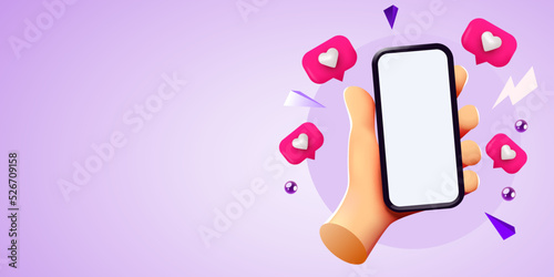 Cute cartoon hand holding mobile smartphone with Likes notification icons. Social media and marketing concept.