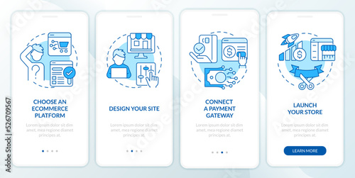 Starting online store blue onboarding mobile app screen. Walkthrough 4 steps editable graphic instructions with linear concepts. UI, UX, GUI template. Myriad Pro-Bold, Regular fonts used