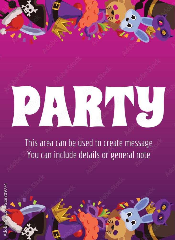 Masquerade ball or party invitation banner with copy space for text, flat vector illustration.