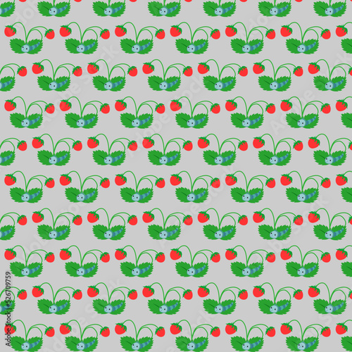 In the picture, a background of strawberries, summer, a children's background, a background with a caterpillar. New background for the project, presentation. Vector background.
