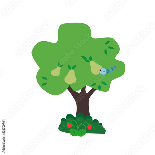 The picture shows a strawberry tree, summer, a children's vector drawing, a background with a caterpillar. New background for the project, presentation.