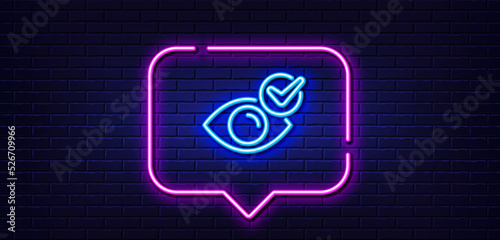Neon light speech bubble. Check eye line icon. Oculist clinic sign. Optometry vision symbol. Neon light background. Check eye glow line. Brick wall banner. Vector