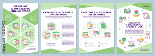Creating successful online store green brochure template. Leaflet design with linear icons. Editable 4 vector layouts for presentation, annual reports. Arial-Black, Myriad Pro-Regular fonts used