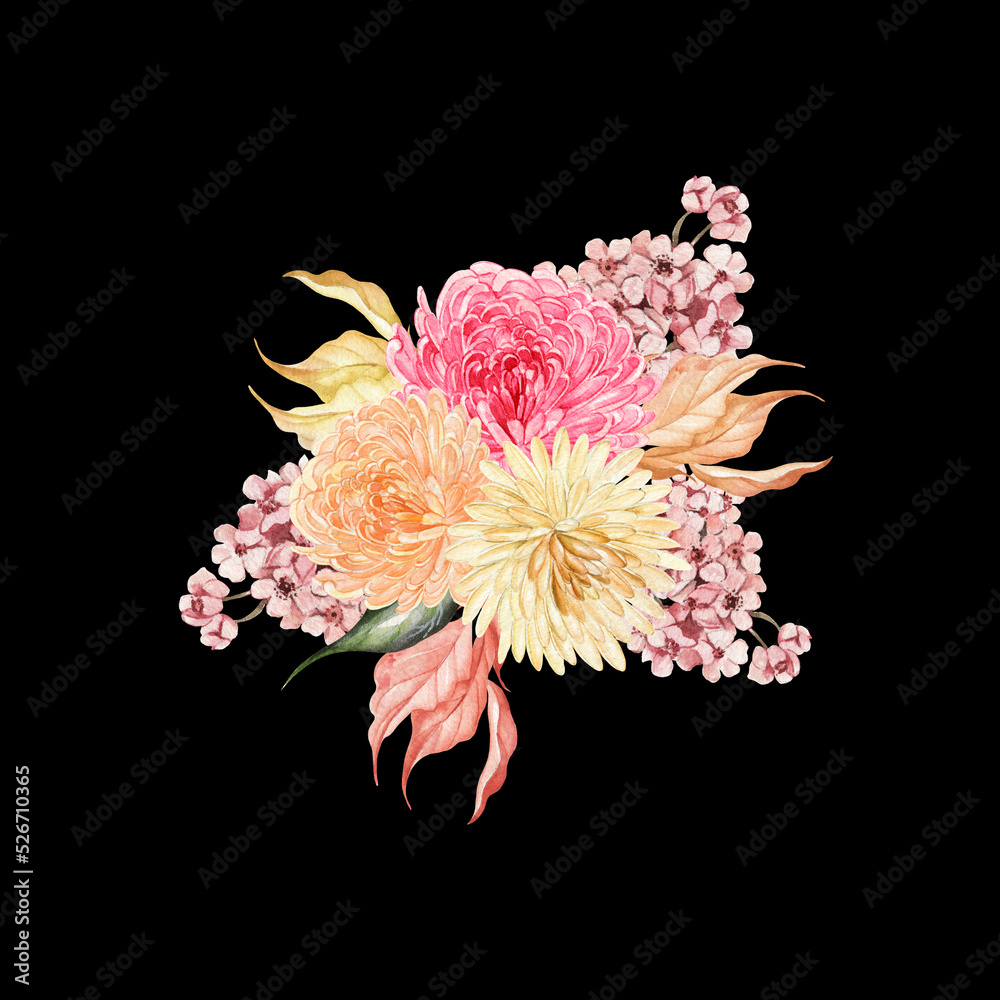 Watercolor autumn bouquet with chrysanthemum flowers, leaves. Watercolor autumn bouquet with chrysanthemum flowers, leaves.