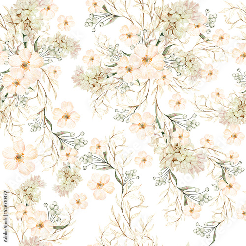 .Watercolor seamless pattern with autumn wildflowers, berries and leaves.