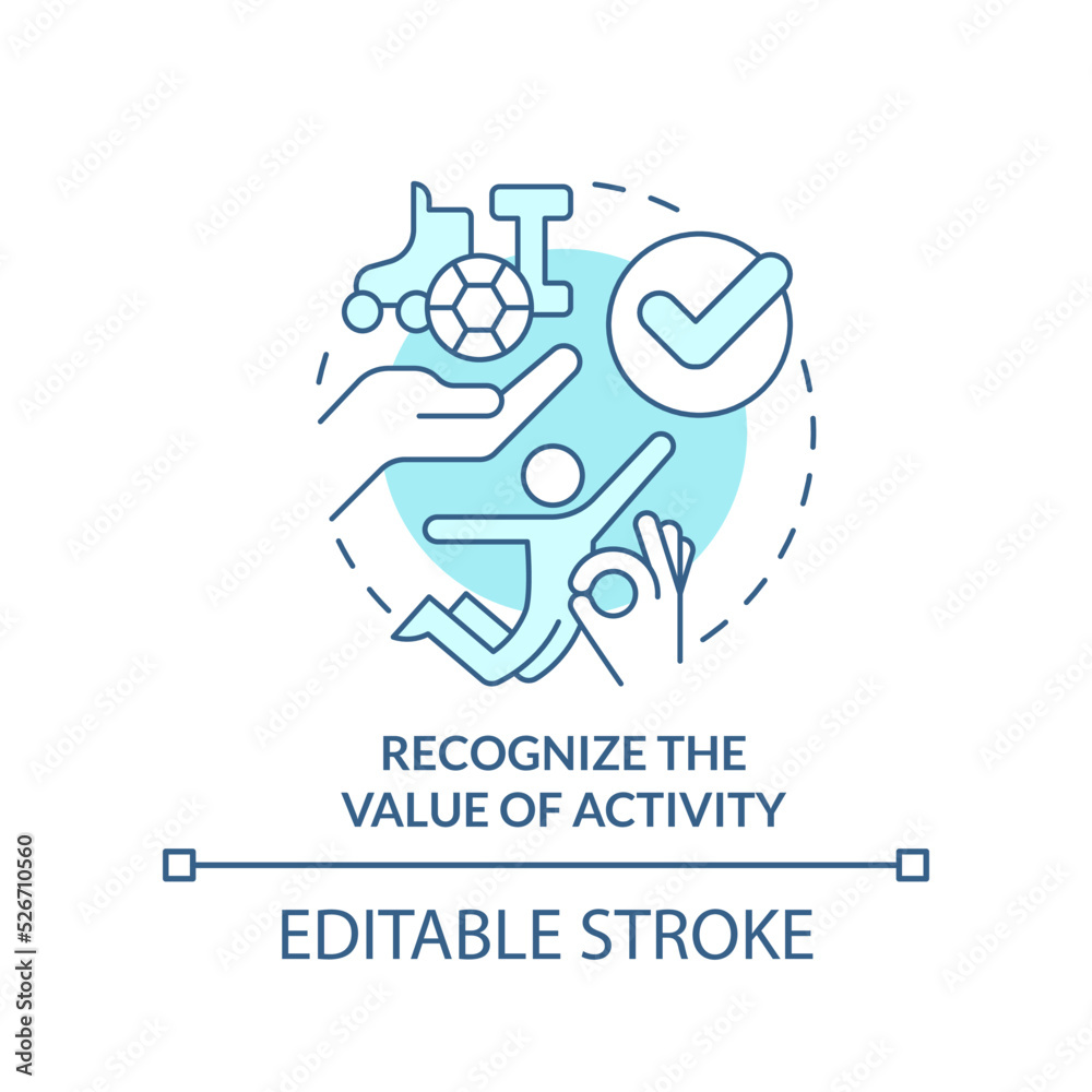 Recognize value of activity turquoise concept icon. Exercises for mental health abstract idea thin line illustration. Isolated outline drawing. Editable stroke. Arial, Myriad Pro-Bold fonts used Recognize value of activity turquoise concept icon. Exercises for mental health abstract idea thin line illustration. Isolated outline drawing. Editable stroke. Arial, Myriad Pro-Bold fonts used