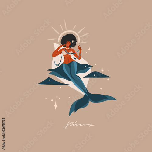 Hand drawn vector abstract graphic astrology illustration with modern,artistic contemporary print template of boho zodiac sign Pisces.Zodiac adult female character design.Fashion magic symbol concept.