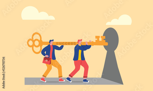 Business goals, work to achieve targets, team business ere unlocking the key to success which is illustrated with a big golden key.