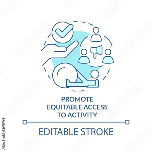 Promote equitable access to activity turquoise concept icon. Improving mental health abstract idea thin line illustration. Isolated outline drawing. Editable stroke. Arial, Myriad Pro-Bold fonts used