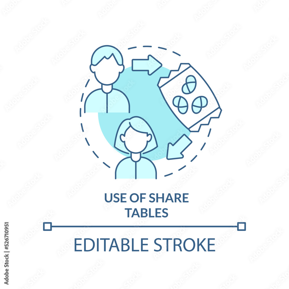 Use of share tables turquoise concept icon. School lunch program importance abstract idea thin line illustration. Isolated outline drawing. Editable stroke. Arial, Myriad Pro-Bold fonts used Use of share tables turquoise concept icon. School lunch program importance abstract idea thin line illustration. Isolated outline drawing. Editable stroke. Arial, Myriad Pro-Bold fonts used