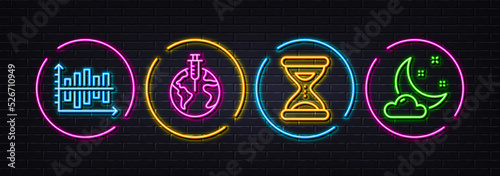 Diagram chart, Pandemic vaccine and Time minimal line icons. Neon laser 3d lights. Night weather icons. For web, application, printing. Presentation graph, Coronavirus vaccination, Clock. Vector