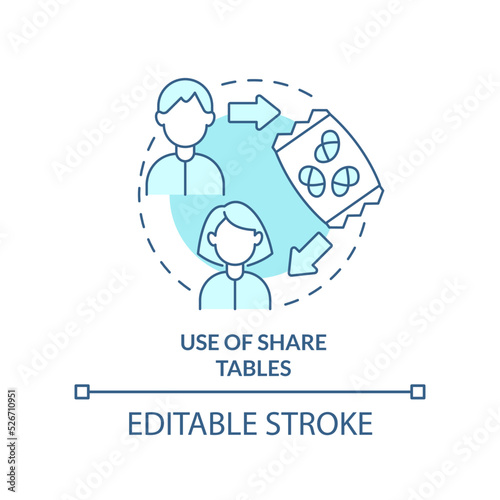 Use of share tables turquoise concept icon. School lunch program importance abstract idea thin line illustration. Isolated outline drawing. Editable stroke. Arial, Myriad Pro-Bold fonts used