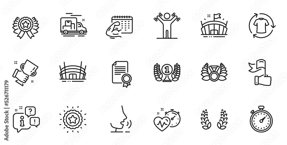 Outline set of Fitness calendar, Arena and Timer line icons for web application. Talk, information, delivery truck outline icon. Include Winner cup, Dumbbells workout, Change clothes icons. Vector