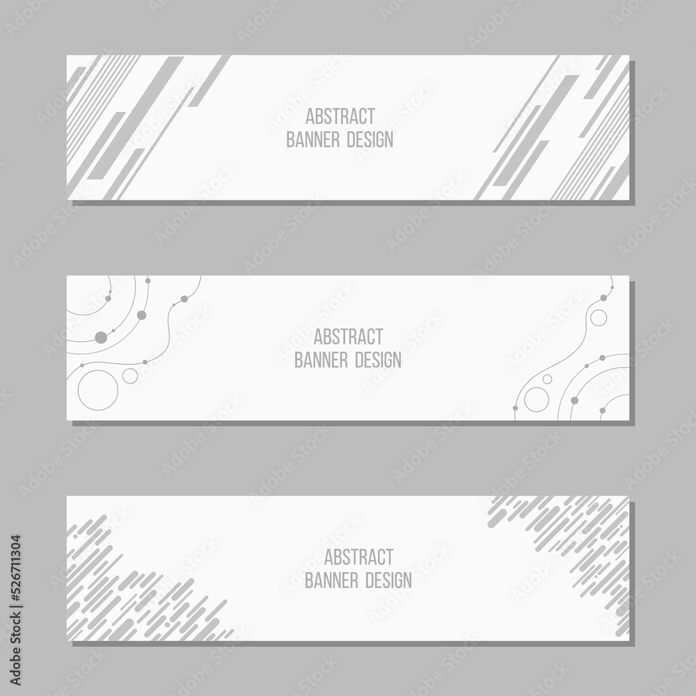 Set of 3 abstract vector banner templates. Banners with geometric elements, shapes, wavy smooth lines, stripes. White and gray colors. Place for text. Vector illustration.