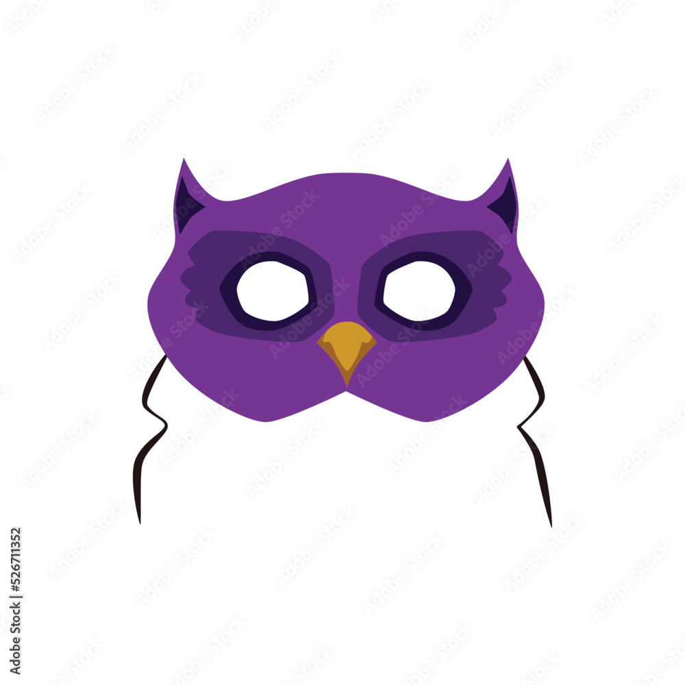 Carnival mask in form of owl face with ties, flat vector illustration isolated.