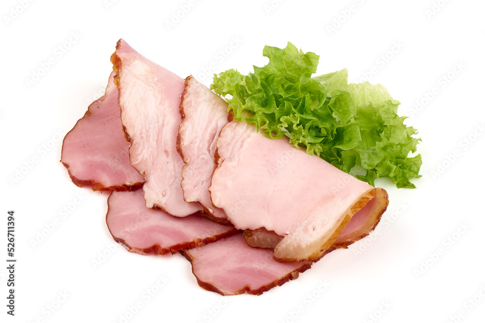 Cold smoked meat with slices, rustic style, isolated on white background. Cold smoked meat with slices, rustic style, isolated on white background.