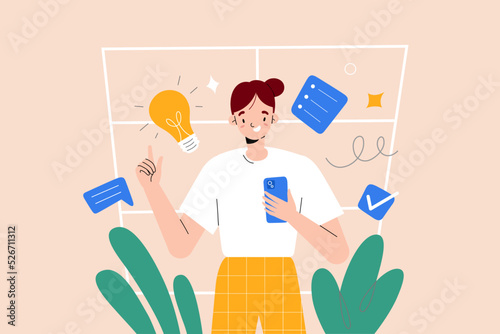 Young woman has an idea, raises her finger, takes a note to remember her solution, types her thoughts, uses note-taking app on her smartphone, floating lamp icon, vector characters illustration