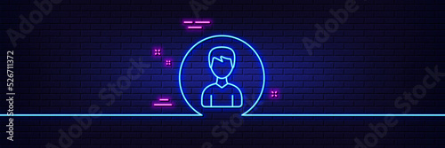 Neon light glow effect. User line icon. Profile Avatar sign. Male Person silhouette symbol. 3d line neon glow icon. Brick wall banner. Person outline. Vector