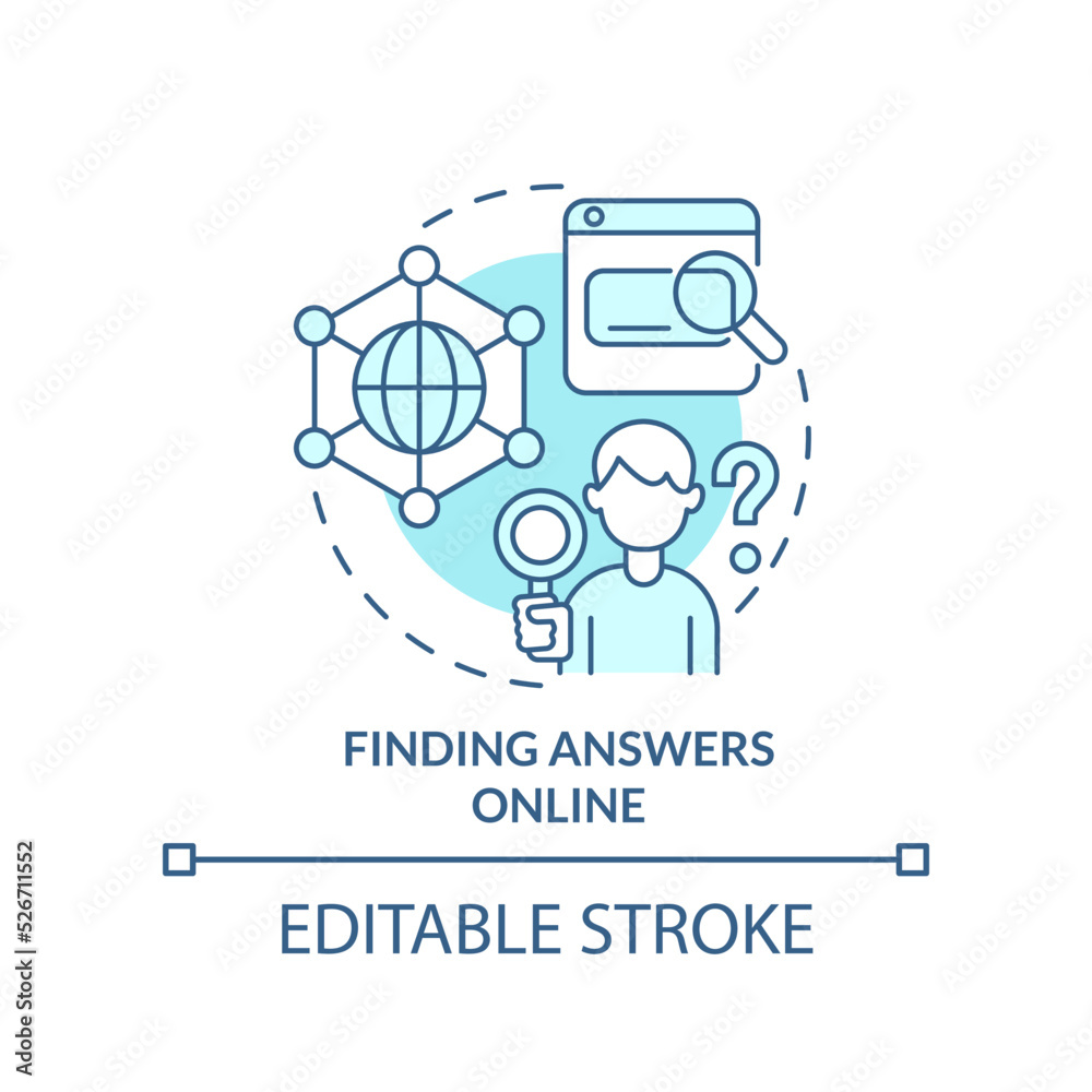 Finding answers online turquoise concept icon. Digital learning stress abstract idea thin line illustration. Isolated outline drawing. Editable stroke. Arial, Myriad Pro-Bold fonts used