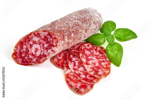 Cured salami sausage, Italian sausage with mold, isolated on white background.