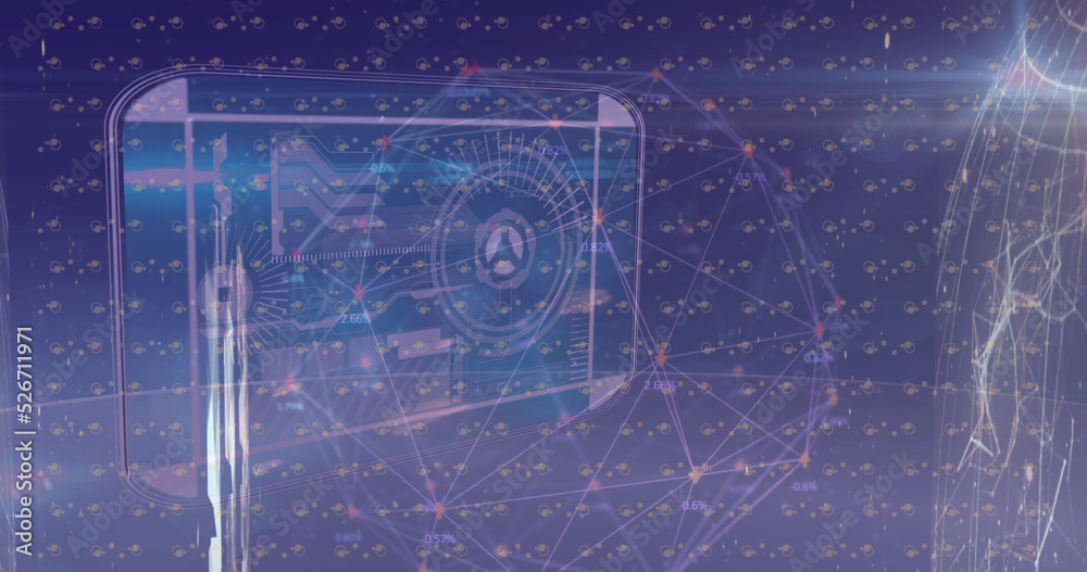 Image of network of connections with icons and data processing over blue background