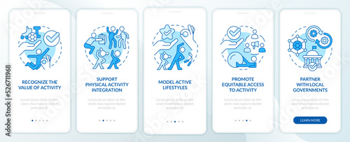 School leaders preparedness blue onboarding mobile app screen. Walkthrough 5 steps editable graphic instructions with linear concepts. UI, UX, GUI template. Myriad Pro-Bold, Regular fonts used