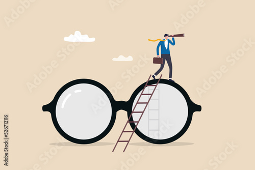 Clear business vision, clarity or transparency, discover way to success or looking for business opportunity, precision or accuracy concept, businessman climb up big eyeglasses see vision on telescope.