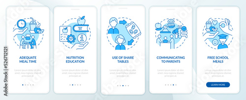 Increase school lunch participation blue onboarding mobile app screen. Walkthrough 5 steps editable graphic instruction with linear concepts. UI, UX, GUI template. Myriad Pro-Bold, Regular fonts used