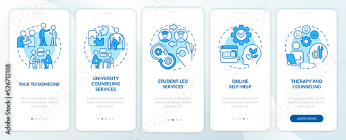 Help student with mental illness blue onboarding mobile app screen. Walkthrough 5 steps editable graphic instructions with linear concepts. UI, UX, GUI template. Myriad Pro-Bold, Regular fonts used