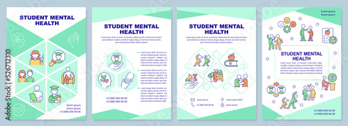 Student mental health mint brochure template. School counselor. Leaflet design with linear icons. Editable 4 vector layouts for presentation, annual reports. Arial-Black, Myriad Pro-Regular fonts used