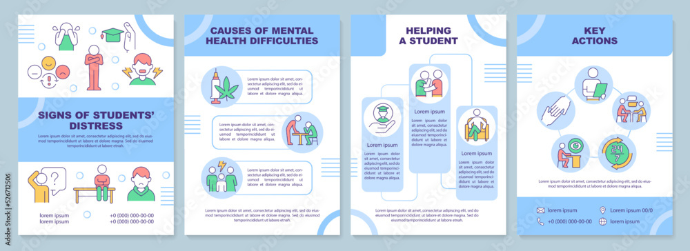 Signs of students distress blue brochure template. Causes. Leaflet design with linear icons. Editable 4 vector layouts for presentation, annual reports. Arial-Black, Myriad Pro-Regular fonts used