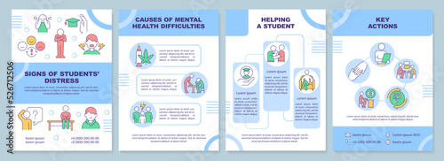 Signs of students distress blue brochure template. Causes. Leaflet design with linear icons. Editable 4 vector layouts for presentation, annual reports. Arial-Black, Myriad Pro-Regular fonts used