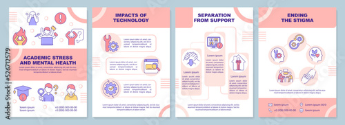 Academic stress and mental health pink brochure template. Leaflet design with linear icons. Editable 4 vector layouts for presentation, annual reports. Arial-Black, Myriad Pro-Regular fonts used