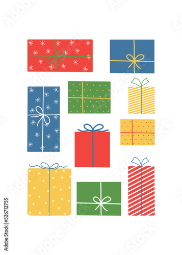 Christmas greeting card with hand drawn colorful gift boxes. Template for poster, banner, invitation
