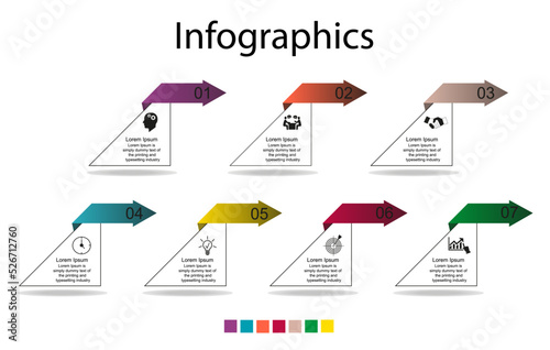 Visualization of business data, infographics. Scheme of the process of elements using graphics, a diagram of seven stages, numbers, options, parts. Business vector for presentation.
